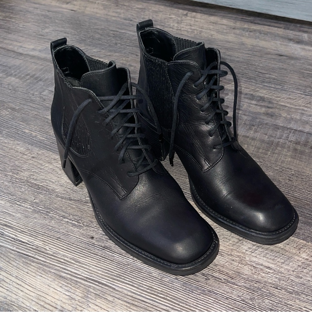 Black Leather Lace-Up Ankle Boots - Women